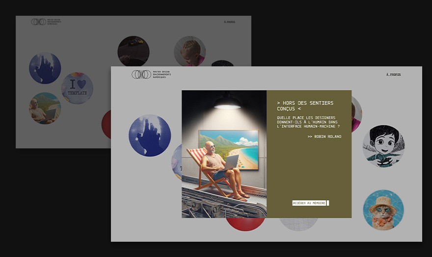 Au clic, les pastilles des mémoires s'animent : elles glissent vers le centre de l'écran, s'agrandissent pour dévoiler la couverture complète du mémoire de recherche, ainsi qu'un volet call‑to‑action.