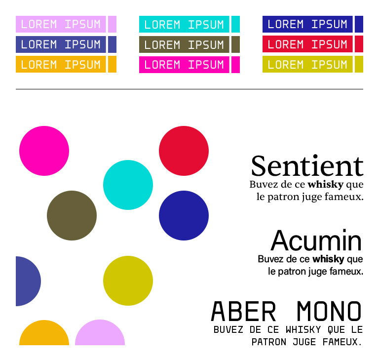 Planche d'identité visuelle Web du projet, présentant un nuancier de pastilles colorées, les boutons interactifs stylisés avec des curseurs de console en ligne de commande à leur droite (un bouton de chaque couleur du nuancier), et les spécimens des typographies Sentient, Acumin et Aber Mono. Chaque mémoire/étudiant auteur se voit attribué une couleur qui est reprise dans l'expression visuelle des éléments de son mémoire au format Web.