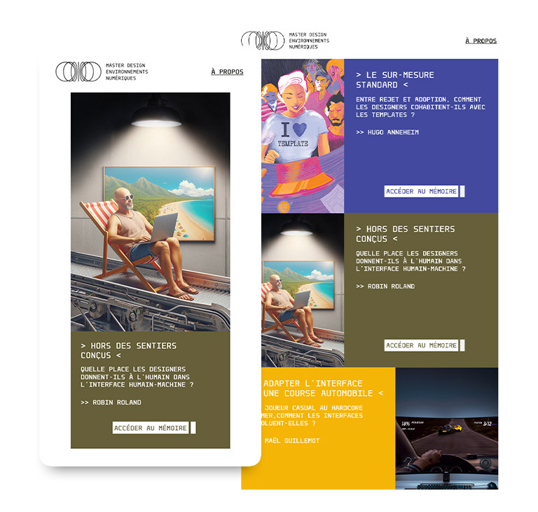 Page d'accueil du site aux formats mobile et tablette, présentant en lieu d'un panneau ouvert centré dans la page un empilement vertical des blocs de présentation des mémoires.
