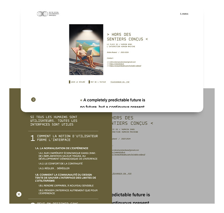Première hauteur de page d'un mémoire sur terminal au format bureau, affichant l'en-tête du site, le visuel de couverture, le titre, le sous-titre, les années universitaires de rédaction, les informations de contact de l'auteur, un résumé, un mot de l'auteur, et les options de navigation et de téléchargement. En retrait de la visualisation de la première hauteur de page se trouve celle du menu de navigation/index du mémoire sur fond de couleur du mémoire, reprenant le chapitrage du mémoire et l'affichant sous forme d'une liste d'ancres HTML cliquables en position fixe, à gauche de l'écran et en superposition sur le reste du contenu assombri de la page.