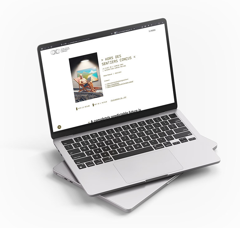 Mise en situation de la première hauteur de page d'un mémoire sur terminal au format bureau, affichant l'en-tête du site, le visuel de couverture, le titre, le sous-titre, les années universitaires de rédaction, les informations de contact de l'auteur, un résumé, un mot de l'auteur, et les options de navigation et de téléchargement.