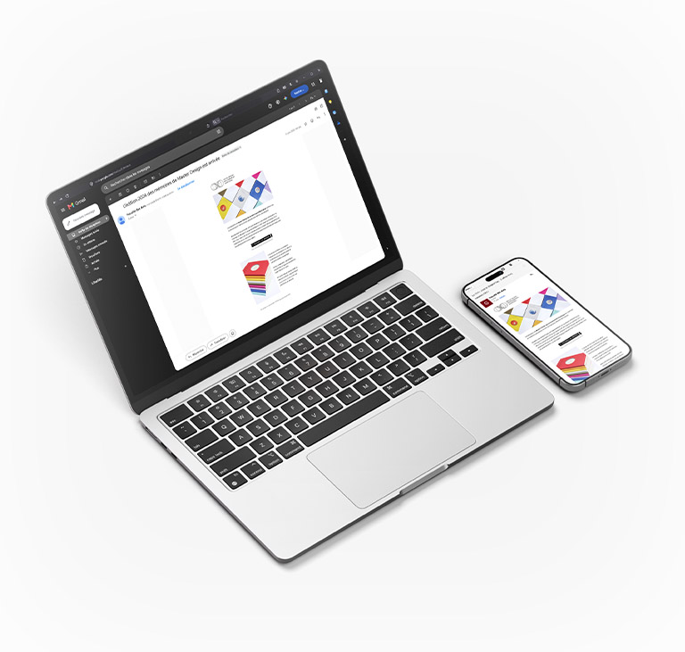 Mise en situation de la newsletter promotionnelle sur terminaux aux formats bureau et mobile.