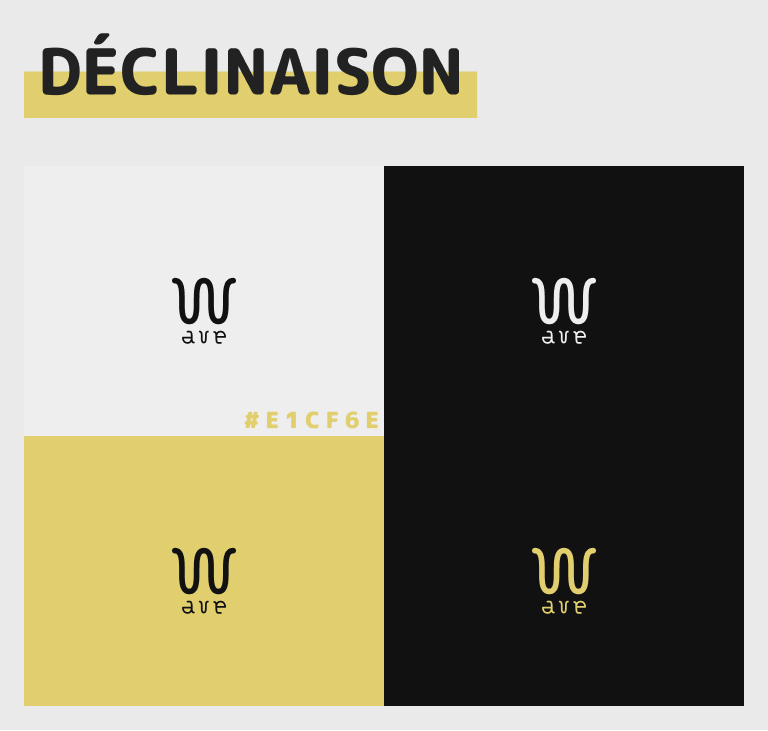 Déclinaisons de couleurs possibles du logo, en fonction de la couleur de l'arrière-plan : logo noir sur blanc, blanc sur noir, noir sur or, et or sur noir. Code hexadécimal de la couleur or : #E1CF6E.