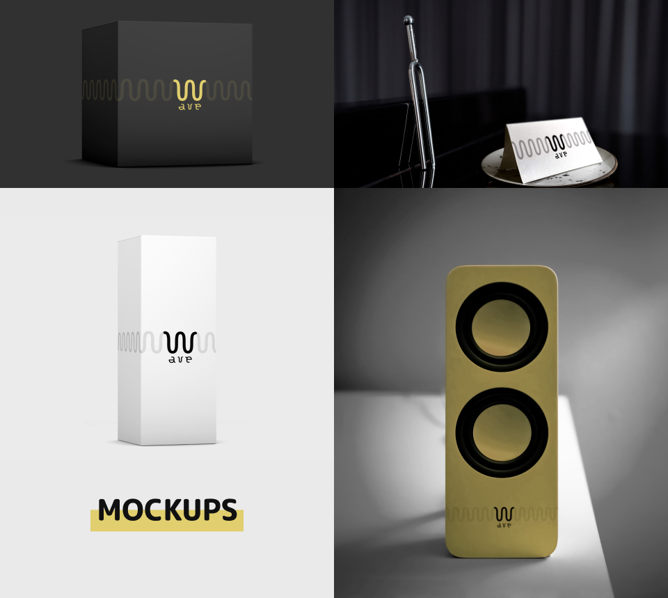 Incrustation du logo en identité élargie sur divers produits : emballage carton noir avec logo or, emballage carton blanc avec logo noir, carte de visite avec logo noir, et enceinte audio or avec logo noir.